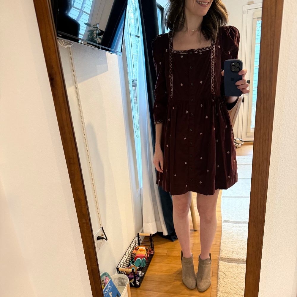 Madewell Embroidered Square-Neck Corduroy Maroon Mini Dress